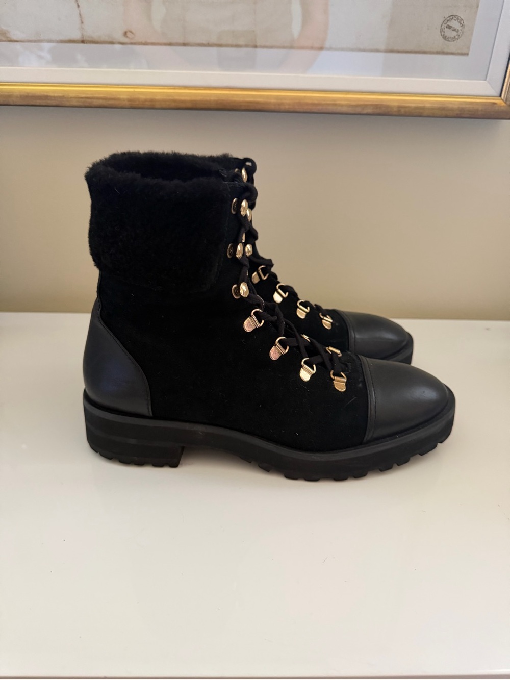 Stuart Weitzman Black Lace-Up Ankle Boots with Gold-Tone Hardware